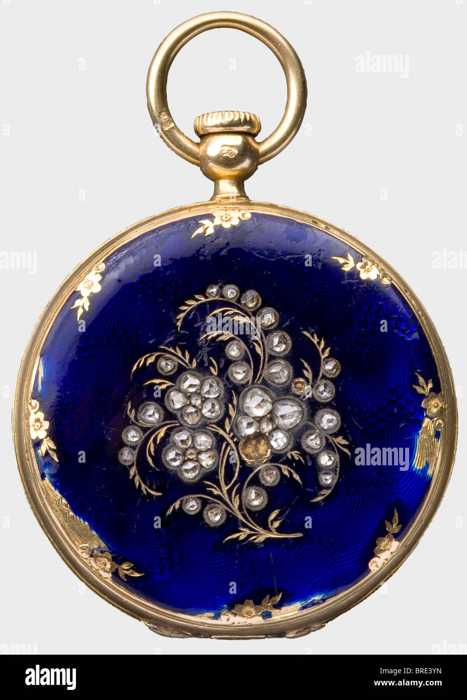 A personal Patek Philippe savonette, displaying the Madonna of Ostrabrama, 1850/52 Case and factory number '4422'. 18-carat gold with dark blue enamel on a wavy guilloche background. 38 diamonds, in Old European cut (three missing), in the shape of a floral bouquet on the front cover (marks of wear), and with six diamonds, in Old European cut (one missing) on the back cover in a star pattern. Signed, 'Patek Philippe & Co à Genève' inside the front lid. White enamel dial with Roman numerals and blued-steel Breguet hands. Functional, flat cylinder works with blue, Stock Photo
