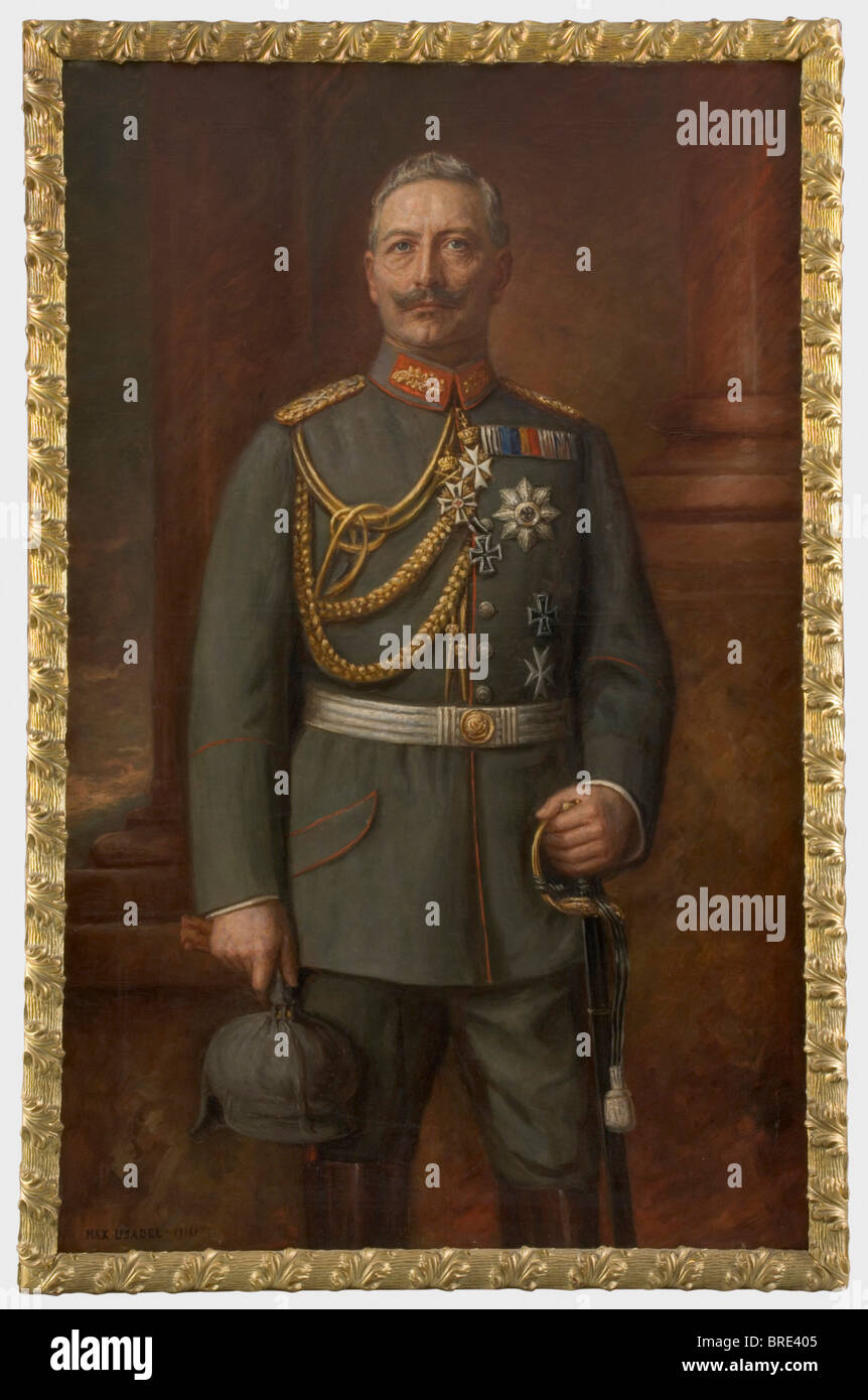 Max Usadel (ca. 1880 - 1950), a three-quarter length portrait of Kaiser Wilhelm II Oil on canvas, signed and dated on the lower left 'Max Usadel 1916'. The Kaiser in the field-grey uniform of a Field Marshal General with medals. A typical commander portrait, the way Wilhelm II preferred to be depicted during the First World War. Painting 100 x 160, framed. The painter Max Usadel worked in Düsseldorf and was renowned for his Mediterranean landscapes and sceneries. Unfortunately no further biographical data is available on the artist. people, 1910s, 20th century,, Stock Photo