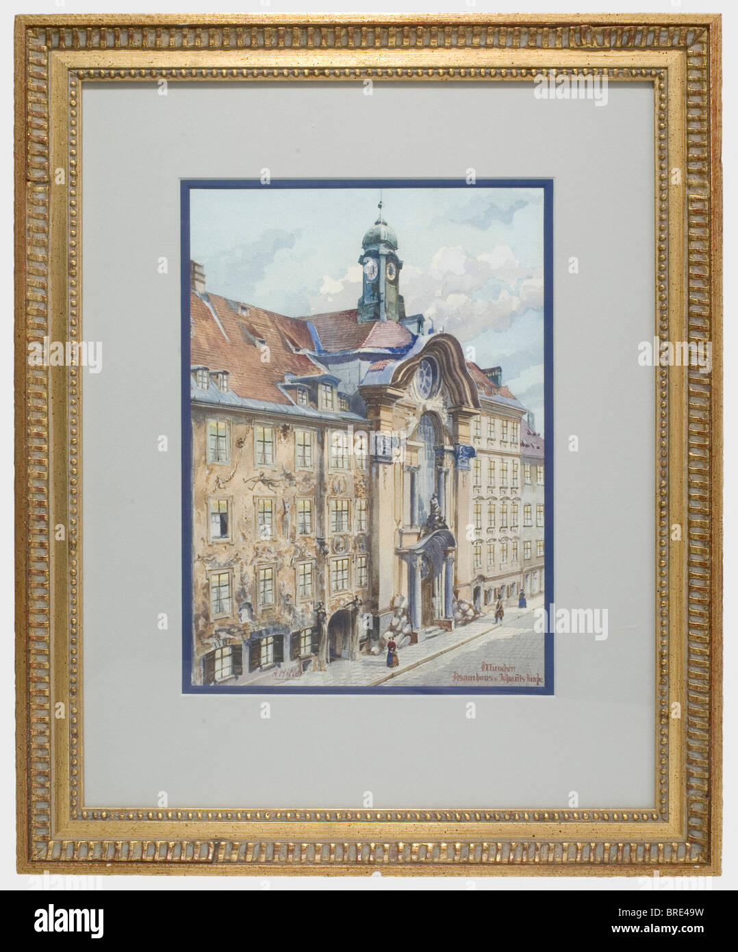 Adolf Hitler, the watercolour 'Asamhaus & Johanis Kirche' Extremely well executed painting on textured watercolour pa fine arts, people, 1910s, 20th century, NS, National Socialism, Nazism, Third Reich, German Reich, Germany, German, National Socialist, Nazi, Nazi period, fascism, object, objects, stills, clipping, clippings, cut out, cut-out, cut-outs, fine arts, art, art object, art objects, artful, precious, collectible, collector's item, collectibles, collector's items, rarity, rarities, Artist's Copyright has not to be cleared Stock Photo