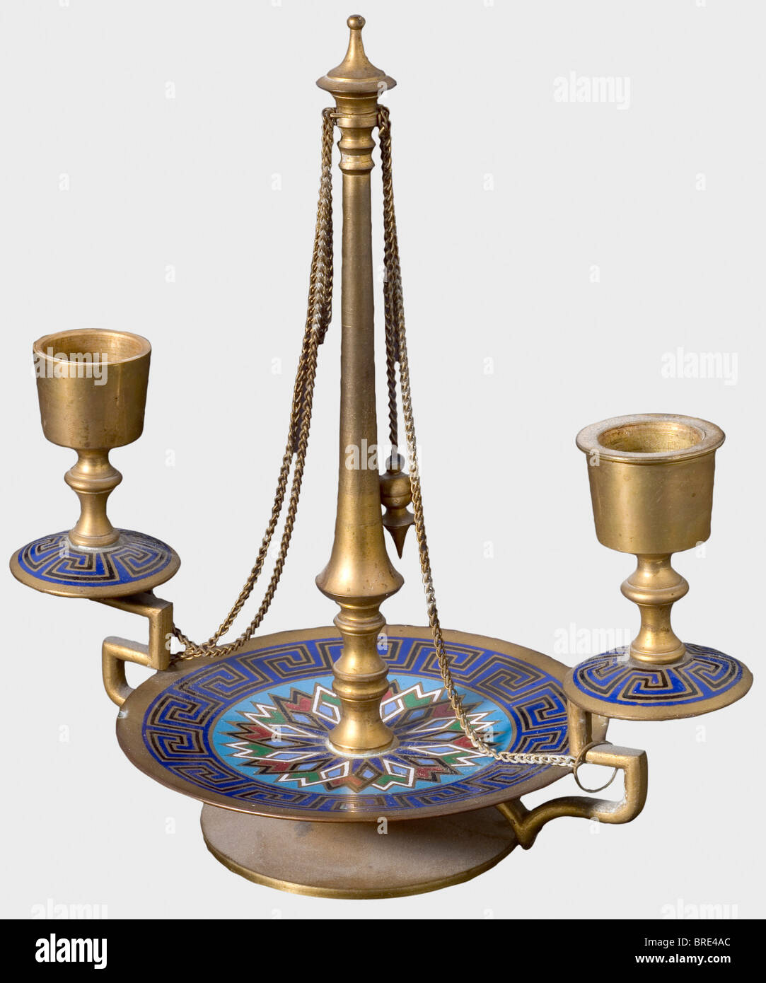 Two pairs of candlesticks, circa 1900. Brass, formerly gilt and painted, or gilt and enamelled brass. One candle stick bears the inventory label, 'H.V.v.W. G.v.R. Privat-Eigentum' for Duchess Vera of Württemberg, Grand Duchess of Russia. Height of each 21 cm. The enamelled pair of candlesticks comes from the so-called 'Turkish Room'. Provenance: Grand Duchess Vera Konstantinovna Romanova (1854 - 1912). historic, historical, 1900s, 20th century, 19th century, object, objects, stills, clipping, clippings, cut out, cut-out, cut-outs, fine arts, art, art object, ar, Stock Photo