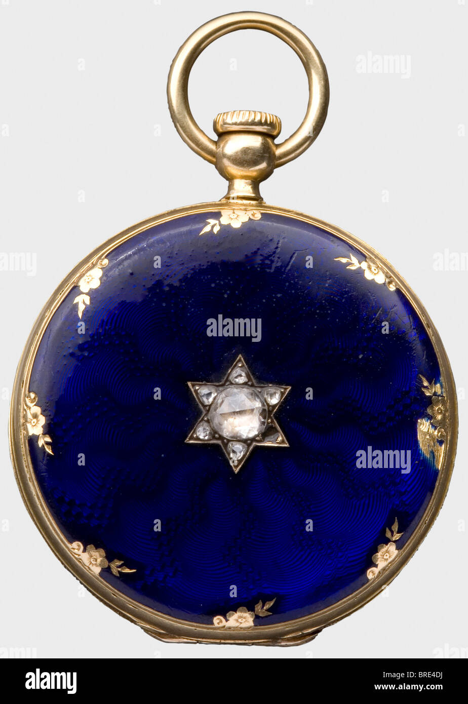 A personal Patek Philippe savonette, displaying the Madonna of Ostrabrama, 1850/52 Case and factory number '4422'. 18-carat gold with dark blue enamel on a wavy guilloche background. 38 diamonds, in Old European cut (three missing), in the shape of a floral bouquet on the front cover (marks of wear), and with six diamonds, in Old European cut (one missing) on the back cover in a star pattern. Signed, 'Patek Philippe & Co à Genève' inside the front lid. White enamel dial with Roman numerals and blued-steel Breguet hands. Functional, flat cylinder works with blue, Stock Photo