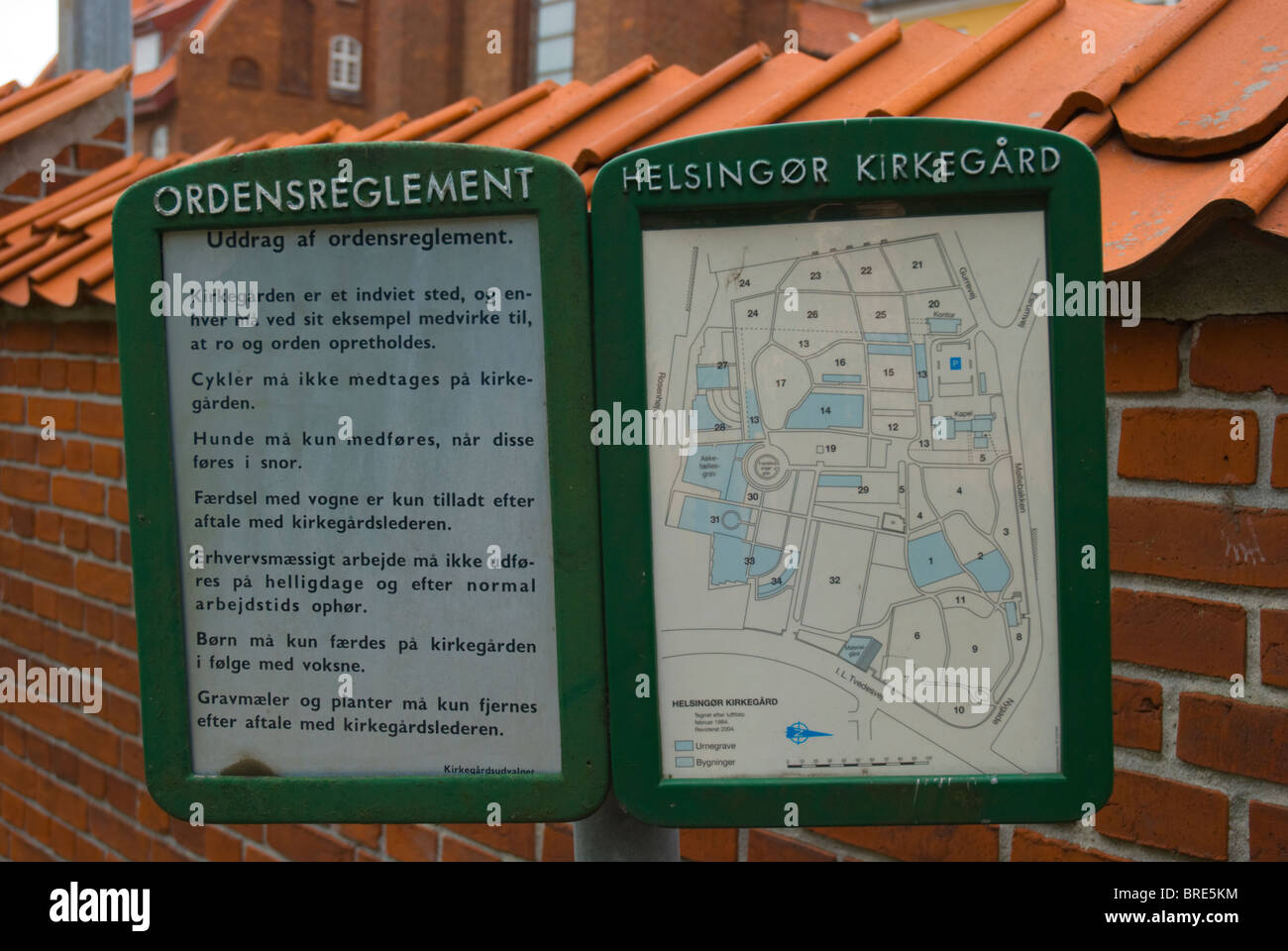 Rules and map of Kirkegård cemetery Helsingor north Sjaelland Denmark  Europe Stock Photo - Alamy