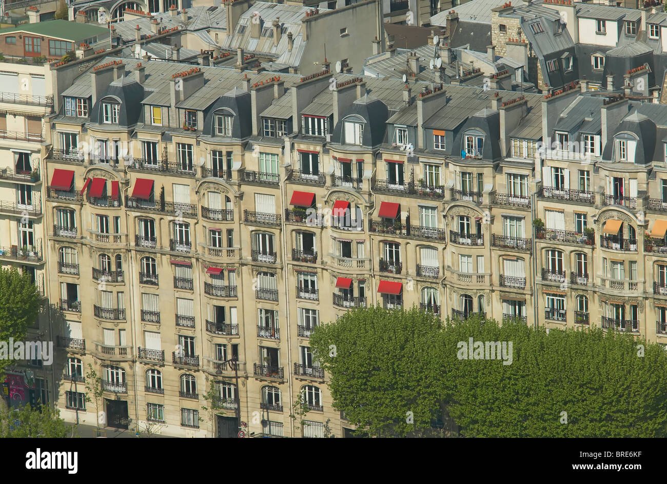 Birds eye view of buildings and roof tops in the 16th arrondissement of Paris, France. Stock Photo