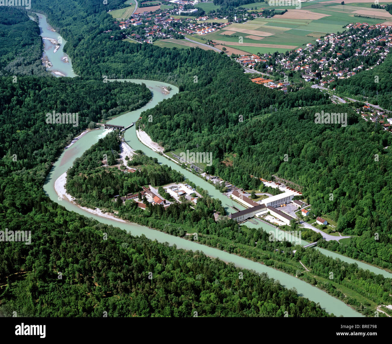 Aerial picture, Isar River near Baierbrunn and Buchenhain, Wehr near Hoellriegelskreuth, Gruenwalder Forst, Upper Bavaria Stock Photo
