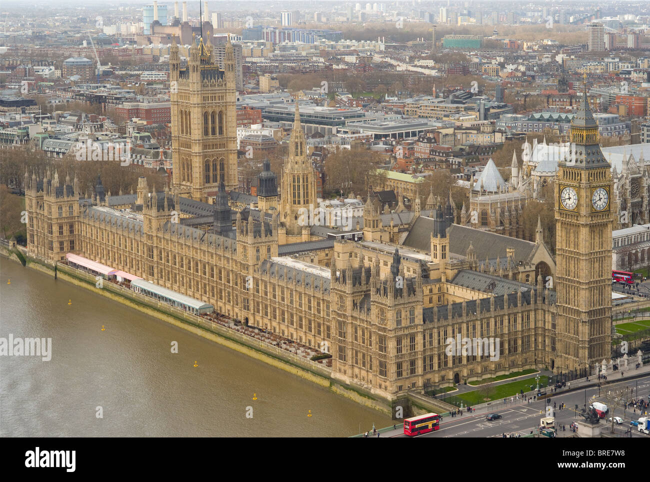 A birds eye view over the Thames of the Palace of Westminster (Houses of Parliament) and Westminster from the London Eye in London, England, UK. Stock Photo