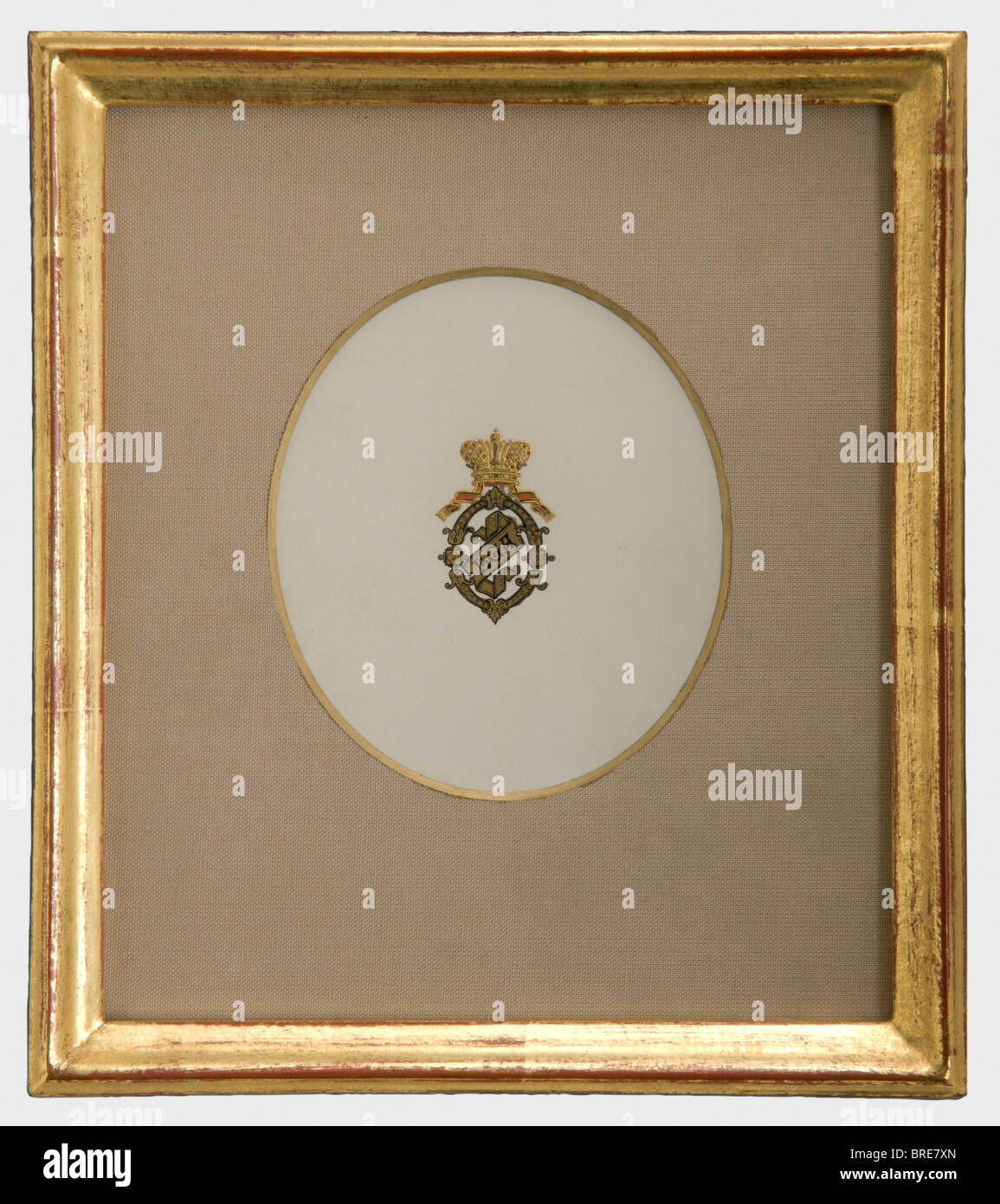 A monogrammed card, circa 1880 'Olga' in colour under a golden Grand Ducal crown stamped on paper. Recently framed, under glass and passepartout. Framed dimensions 19 x 16.7 cm. Provenance: Grand Duchess Olga Nikolaevna Romanova (1822 - 1892). historic, historical, 19th century, fine arts, art, art object, art objects, artful, precious, collectible, collector's item, collectibles, collector's items, rarity, rarities, Stock Photo