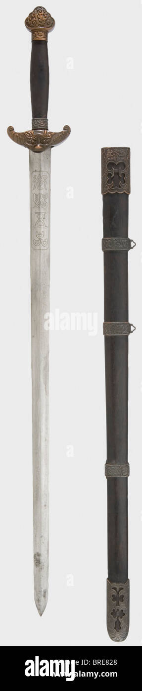 A Chinese sword with a Damascus blade, 19th/20th century Double-edged Damascus blade with a central ridge. A tiger engraved on the obverse side and a four sided cartouche with four Chinese characters on the reverse side. Copper quillons and pommel in relief. Simple grip cover. Wooden scabbard with copper mountings, also in relief. Length 100 cm. historic, historical, 19th century, thrusting, thrustings, hand weapon, hand weapons, melee weapon, melee weapons, handheld, blade, blades, weapon, arms, weapons, arms, object, objects, stills, clipping, clippings, cut , Stock Photo