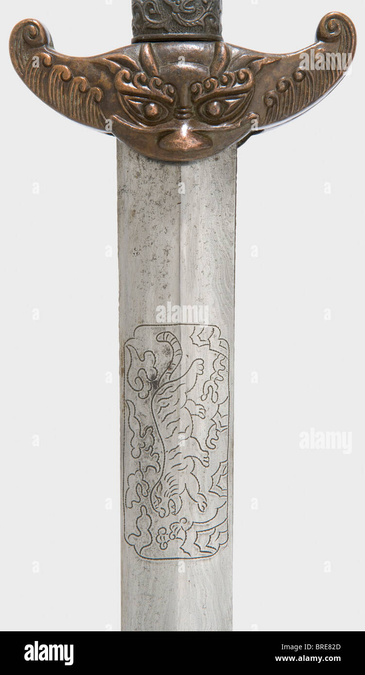 A Chinese sword with a Damascus blade, 19th/20th century Double-edged Damascus blade with a central ridge. A tiger engraved on the obverse side and a four sided cartouche with four Chinese characters on the reverse side. Copper quillons and pommel in relief. Simple grip cover. Wooden scabbard with copper mountings, also in relief. Length 100 cm. historic, historical, 19th century, thrusting, thrustings, hand weapon, hand weapons, melee weapon, melee weapons, handheld, blade, blades, weapon, arms, weapons, arms, object, objects, stills, clipping, clippings, cut , Stock Photo