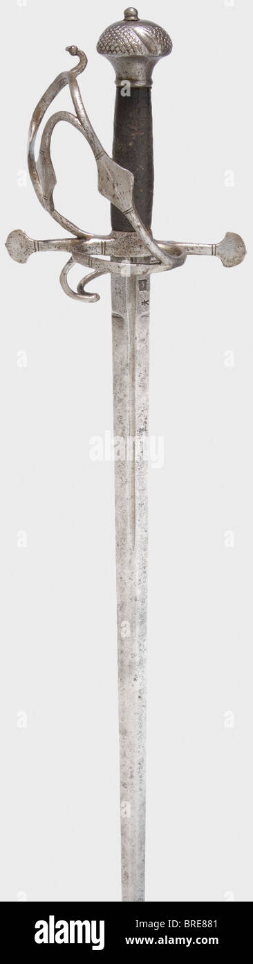 A German cut and thrust sword, circa 1560 Straight blade with a short groove on both sides, and with three smith marks on both the obverse and reverse sides of the ricasso. Iron knuckle bow hilt, cut pommel, leather-covered grip. Length 102 cm. historic, historical, 16th century, sword, swords, weapons, arms, weapon, arm, fighting device, military, militaria, object, objects, stills, clipping, clippings, cut out, cut-out, cut-outs, melee weapon, melee weapons, metal, Stock Photo