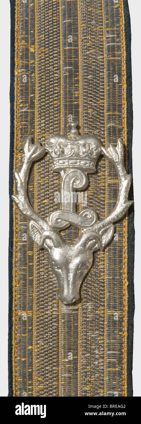 Two hunting bandoliers, Hessian and Count Stollberg-Wernigerode, 19th century, respectively Both velvet-backed bandoliers have lightly darkened lace appliqué on the front, silver mountings, and bullion tassels. One piece displays the two coat of arms of the Counts of Stollberg-Wernigerode. The second applied with an 'L' beneath a crown between stag heads. Length of each ca. 88 cm. historic, historical, 19th century, hunt, hunts, hunting, utensil, piece of equipment, utensils, trophies, object, objects, stills, clipping, clippings, cut out, cut-out, cut-outs, Stock Photo