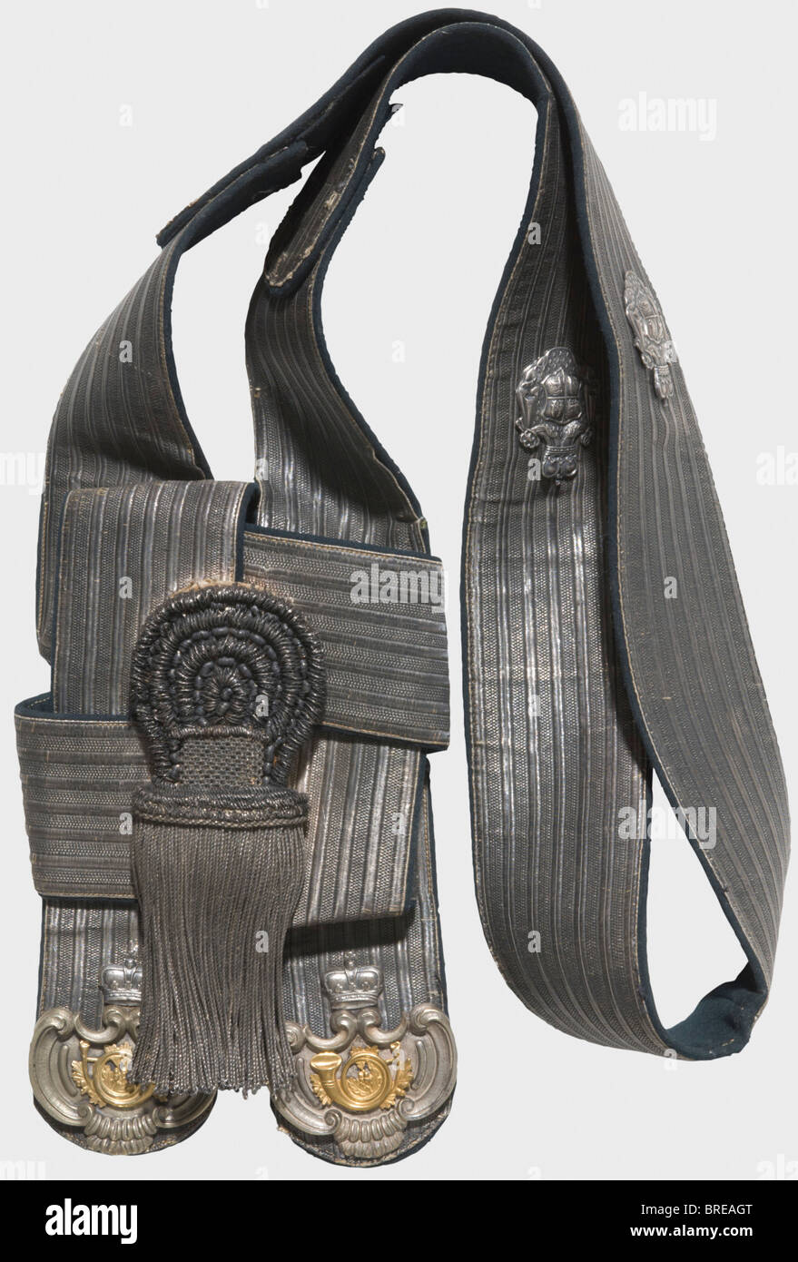 Two hunting bandoliers, Hessian and Count Stollberg-Wernigerode, 19th century, respectively Both velvet-backed bandoliers have lightly darkened lace appliqué on the front, silver mountings, and bullion tassels. One piece displays the two coat of arms of the Counts of Stollberg-Wernigerode. The second applied with an 'L' beneath a crown between stag heads. Length of each ca. 88 cm. historic, historical, 19th century, hunt, hunts, hunting, utensil, piece of equipment, utensils, trophies, object, objects, stills, clipping, clippings, cut out, cut-out, cut-outs, Stock Photo