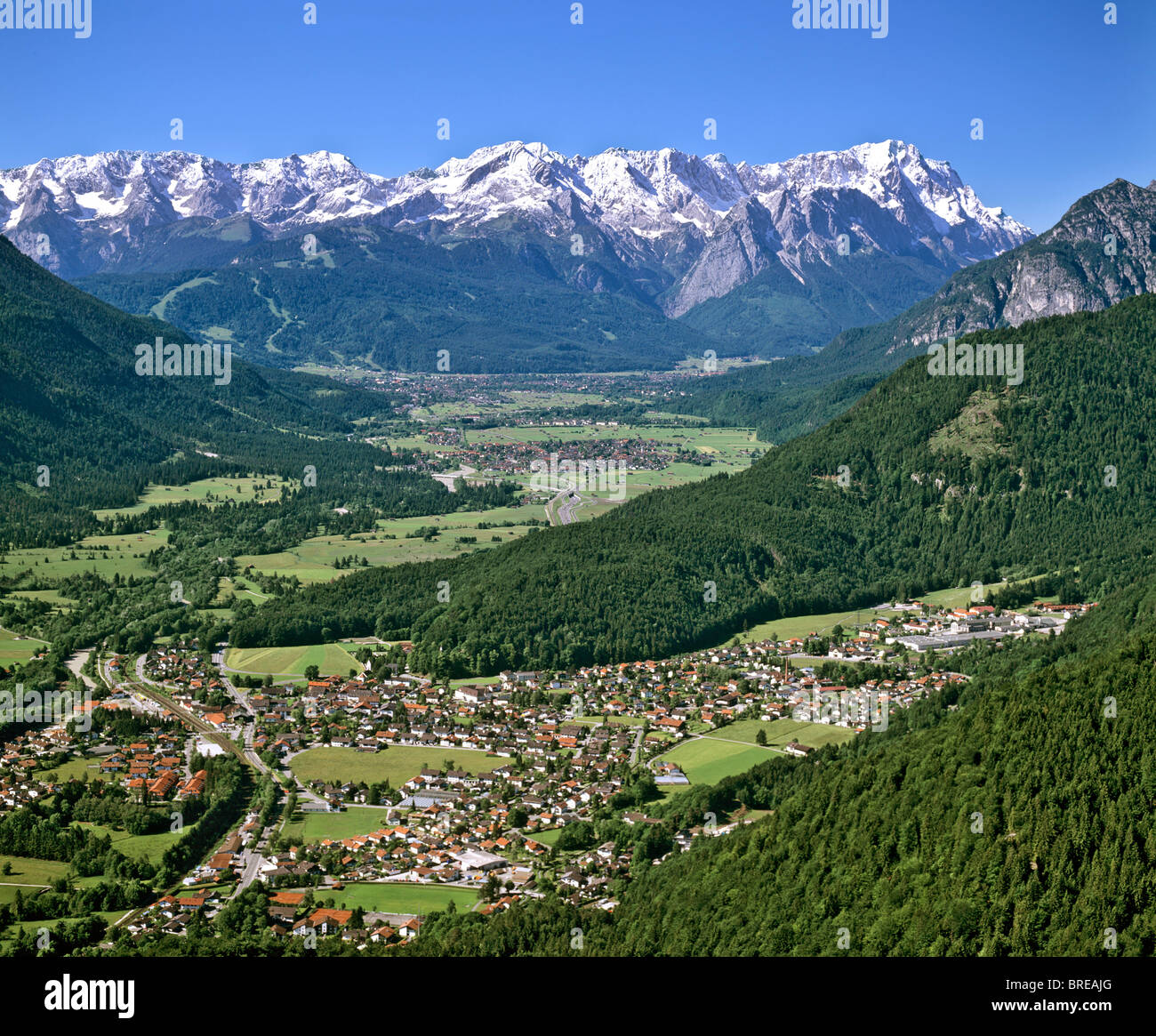 Aerial picture, Loisach, Loisachtal Valley, Werdenfelser Land, Werdenfels, Wetterstein Range, Upper Bavaria, Germany, Europe Stock Photo