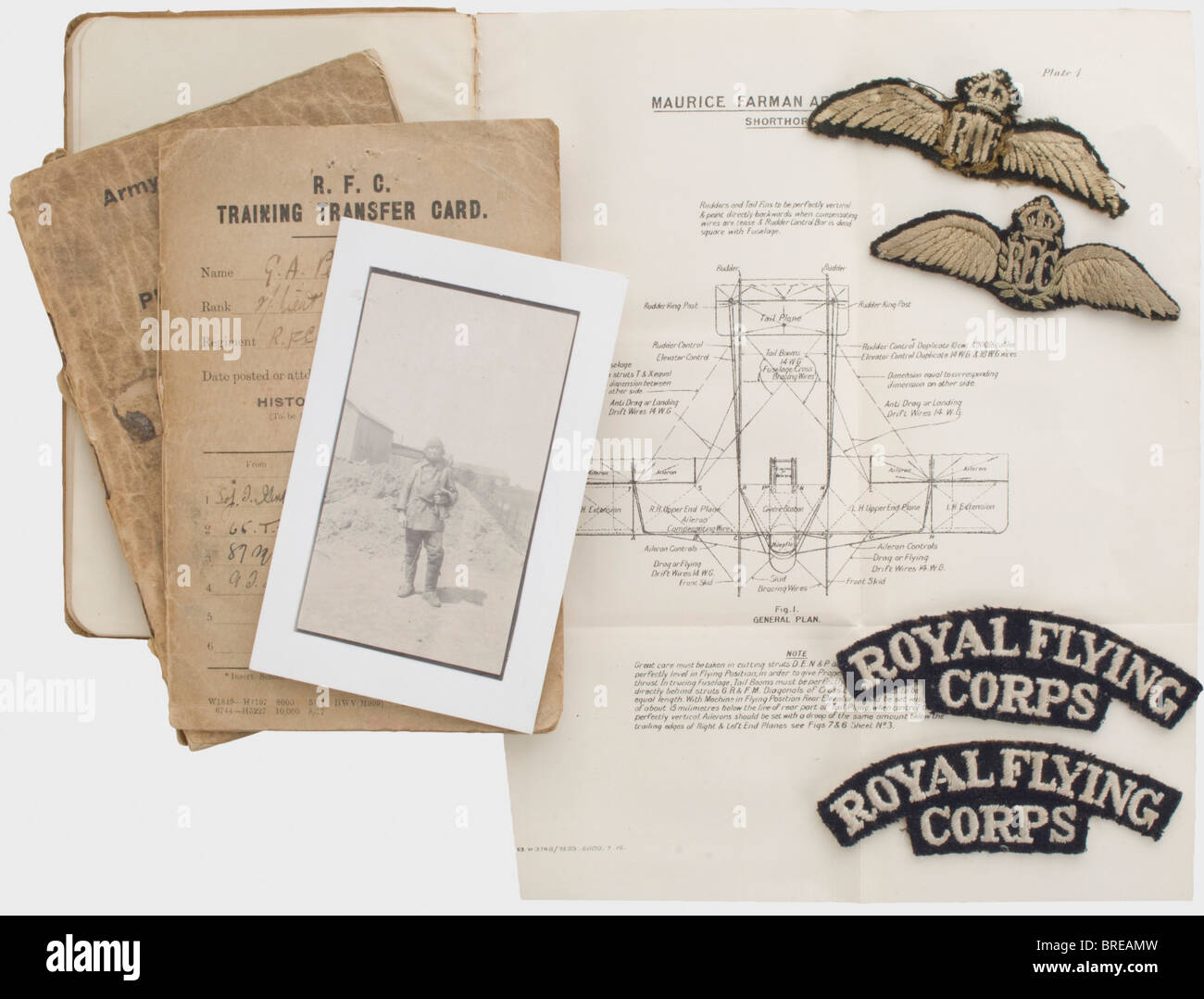 E. George Archibald Peskett, a flight log, papers and insignia of the English pilot Log book with entries from June 1917 to December 1918 while with the School of Instruction RFC, the No. 65 Training Squadron, the 87th Squadron, No. 9 Training Squadron and No. 18 Squadron. Included are the RFC Training Transfer Card and Gunnery Card, as well as a clothing allowance authorization. 'Technical Notes R.F.V.', 1916 edition with technical data and descriptions of common aircraft types (34 pages, 38 tables - rare!). Also a photo of Peskett and a copy of his personnel , Stock Photo