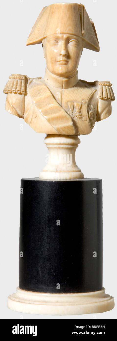 Napoleon I, a small ivory bust Carved ivory. On a wooden base with an ivory foot ring. Height 12 cm. Provenance: Grand Duchess Olga Nikolaevna Romanova (1822 - 1892). historic, historical, people, 19th century, object, objects, stills, clipping, clippings, cut out, cut-out, cut-outs, fine arts, art, art object, art objects, artful, precious, collectible, collector's item, collectibles, collector's items, rarity, rarities, man, men, male, Stock Photo
