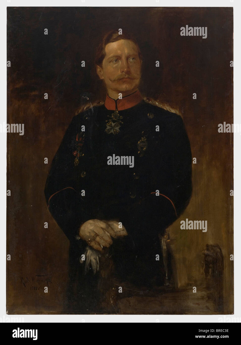 Rudolf Wimmer (1849 - 1915), a portrait of Kaiser Wilhelm II, dated 1888 Oil on mahogany, old parqueting. Large-format three-quarter painting in life size. The Kaiser in uniform with medal decoration, slightly turned to the left, his hands resting on the back of the chair. Signed on the lower left 'Rud. Wimmer 1888'. No frame, 116 x 86 cm. Beautiful, expressive portrait of the young Kaiser in the Year of Three Kaisers, 1888. people, 19th century, Prussian, Prussia, German, Germany, militaria, military, object, objects, stills, clipping, clippings, cut out, cut-, Stock Photo