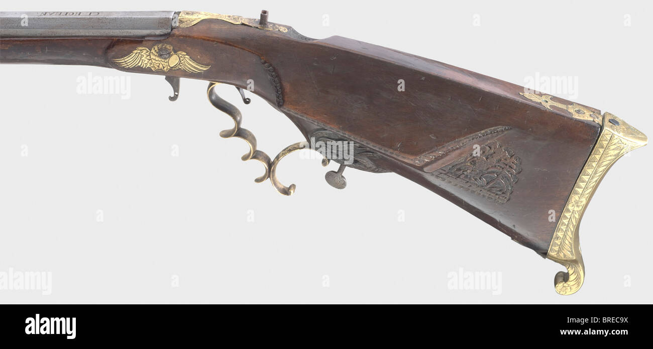 An air gun, Southern Germany, circa 1830. Brass lined octagonal barrel