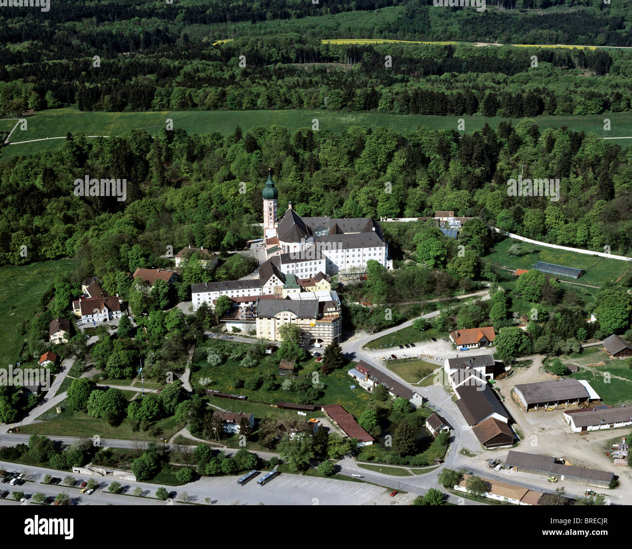 Kloster Andechs Monastery, place of pilgrimage, Benedictine priory, Upper Bavaria, Germany, Europe, aerial view Stock Photo