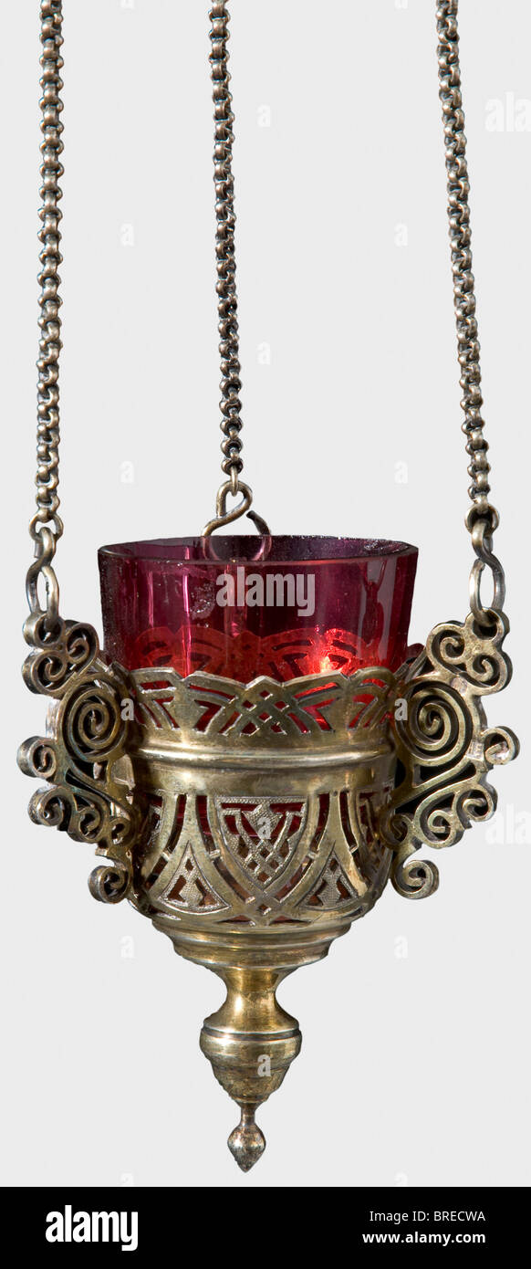 A lampada, St. Petersburg, circa 1910 Gilt silver openwork. Ruby-red glass inserts. Cyrillic master's marks 'NE', St. Petersburg hallmark for 84 zolotniki. Weight without glass 150 g. Provenance: Grand Duchess Vera Konstantinovna Romanova (1854 - 1912). historic, historical, 1910s, 20th century, object, objects, stills, clipping, clippings, cut out, cut-out, cut-outs, fine arts, art, art object, art objects, artful, precious, collectible, collector's item, collectibles, collector's items, rarity, rarities, Stock Photo