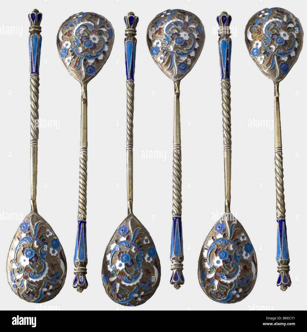 Six cloisonné spoons, circa 1910. Gilt silver, with enamel floral designs. The interior of the bowls bear the Cyrillic master's mark 'MZ' and the hallmark '84'. Length of each 14.3 cm. Total weight 156 g. Provenance: Grand Duchess Vera Konstantinovna Romanova (1854 - 1912). historic, historical, 1910s, 20th century, fine arts, art, art object, art objects, artful, precious, collectible, collector's item, collectibles, collector's items, rarity, rarities, cutlery, sets of cutlery, spoon, spoons, Stock Photo