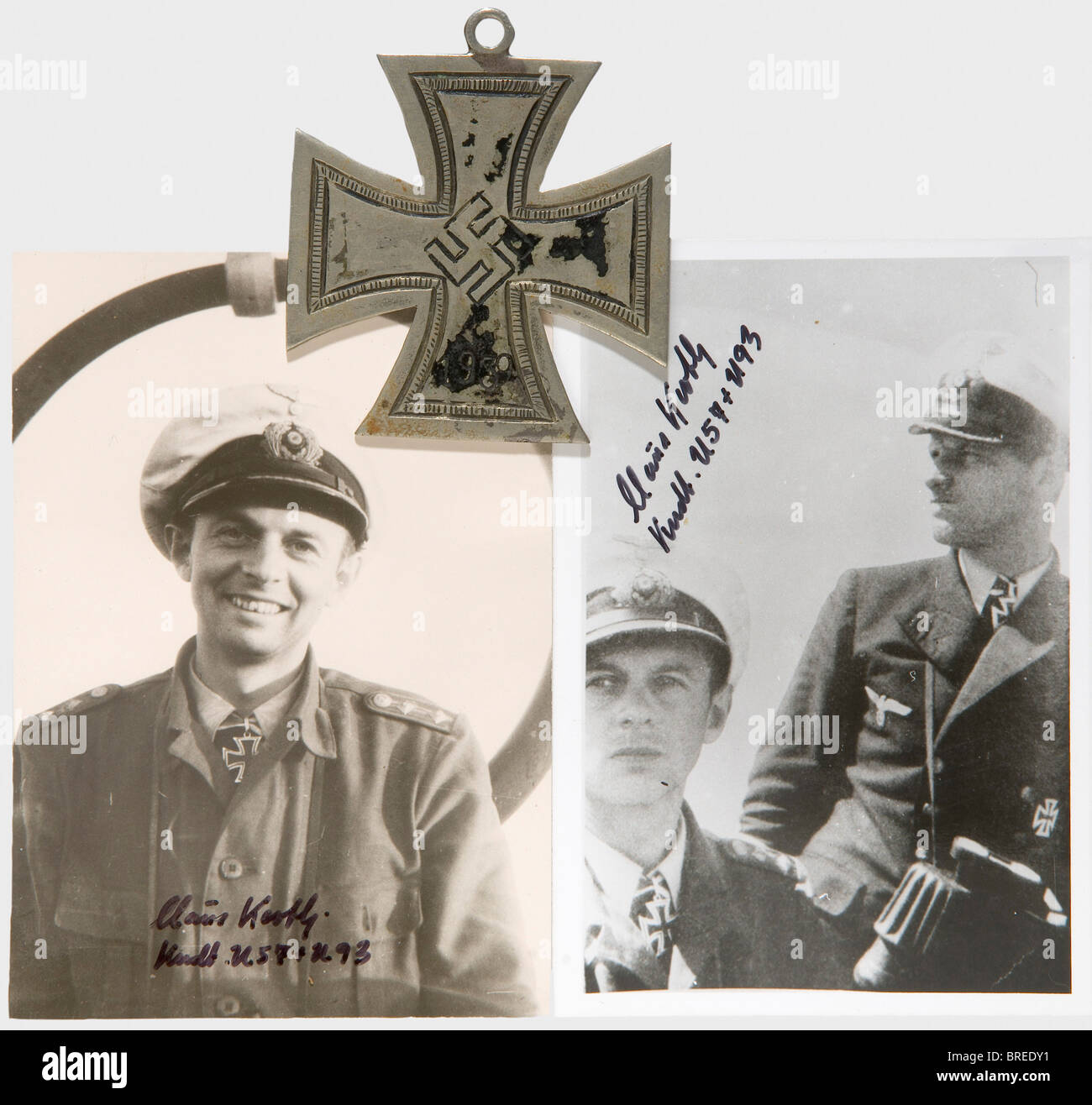 Kapitänleutnant Claus Korth (1911 - 1988), a Knight's Cross of the Iron Cross of 1939, front production On-board rendition of the Knight's Cross of the Iron Cross from the estate of Kapitänleutnant (Lt. Commander) Claus Korth as C.O. of U-93. One-piece white non-ferrous sheet metal cross with soldered eyelet, engraved frame and swastika, remnants of black lacquer. 64 x 71 mm. This decoration was made out of on-board materials during U-93's cruise from 3 May - 10 June 1941 on the 29 May 1941 award of the Knight's Cross to Korth. After the arrival of the official, Stock Photo