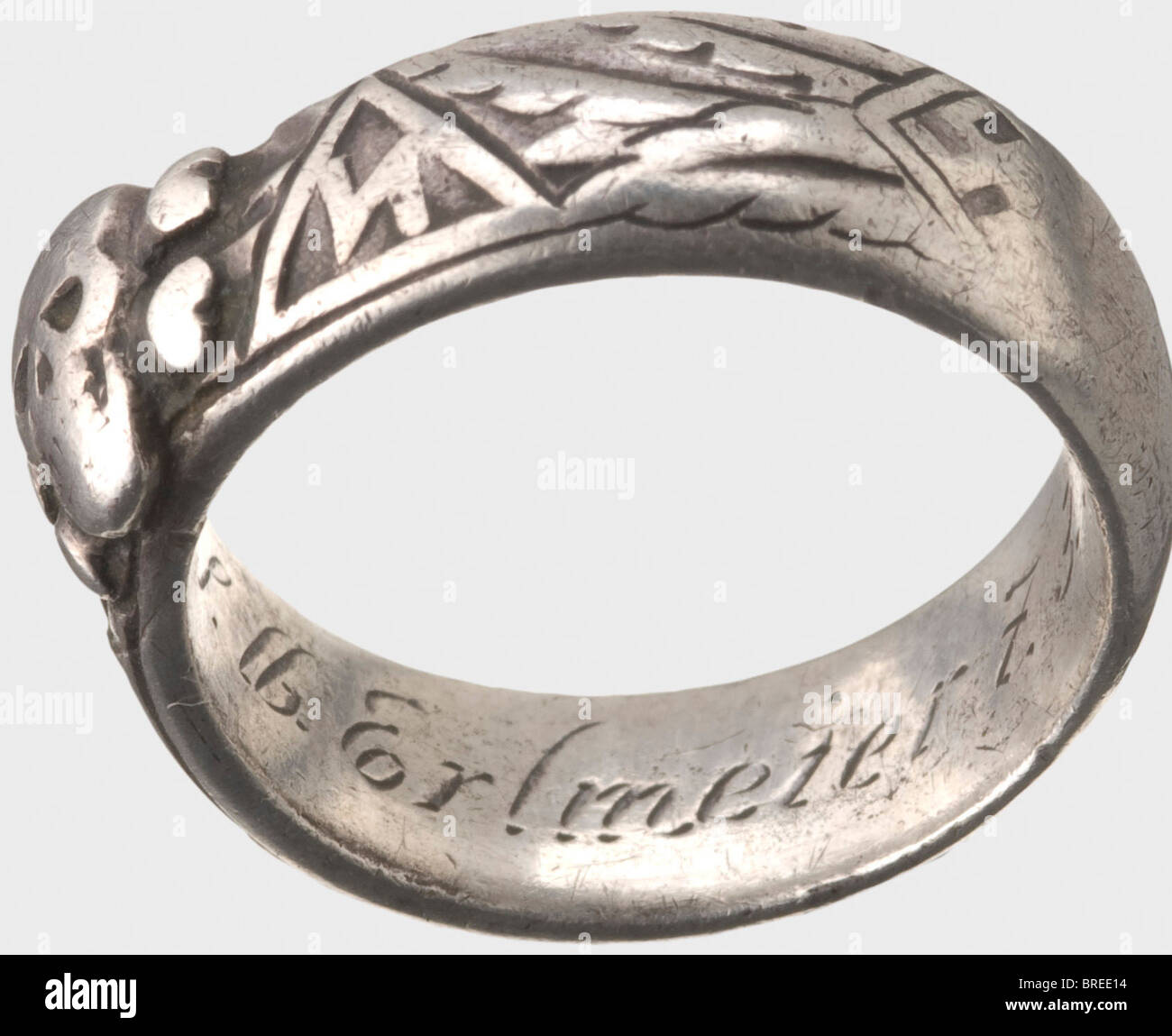Joseph Erlmeier, a death's head ring of the Reichsführer SS Silver ring with solder-applied death's head, the inner band with the engraved dedication inscription 'S. lb. Erlmeier 7.3.36 H. Himmler'. The back third of the ring is quite worn. Weight 8.94 g. This ring comes from the estate of Sturmbannführer Joseph Erlmeier, SS number 475, Blood Order holder number 69, and wearer of the Golden Party Badge. historic, historical, 1930s, 20th century, Waffen-SS, armed division of the SS, armed service, armed services, NS, National Socialism, Nazism, Third Reich, Germ, Stock Photo