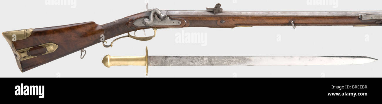 A "Jäger" rifle, Joh. Lichtenfels in Karlsruhe, ca. 1790. Octagonal barrel  with rifled bore in 18 mm calibre. Silver inlay at the muzzle as well as in  the area of the breech.