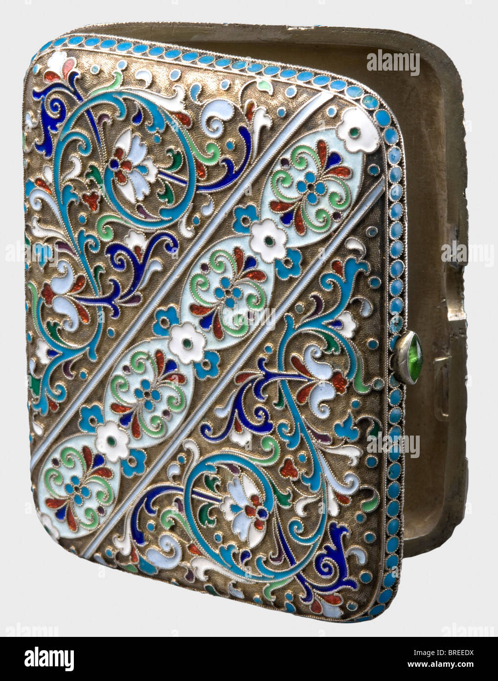A cloisonné cigarette case, unknown master 'NJ', Moscow, circa 1910 Gilt silver, fine floral enamel work. Cyrillic master's mark, 'NJ' and the Moscow hallmark for '84' zolotniki. Dimensions 9.6 x 7.5 cm. Weight 154 g. historic, historical, 1910s, 20th century, object, objects, stills, clipping, clippings, cut out, cut-out, cut-outs, fine arts, art, art object, art objects, artful, precious, collectible, collector's item, collectibles, collector's items, rarity, rarities, Stock Photo