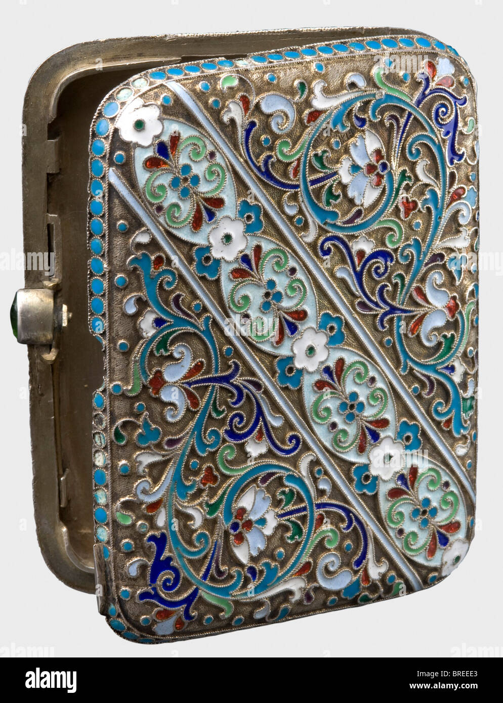 A cloisonné cigarette case, unknown master 'NJ', Moscow, circa 1910 Gilt silver, fine floral enamel work. Cyrillic master's mark, 'NJ' and the Moscow hallmark for '84' zolotniki. Dimensions 9.6 x 7.5 cm. Weight 154 g. historic, historical, 1910s, 20th century, object, objects, stills, clipping, clippings, cut out, cut-out, cut-outs, fine arts, art, art object, art objects, artful, precious, collectible, collector's item, collectibles, collector's items, rarity, rarities, Stock Photo
