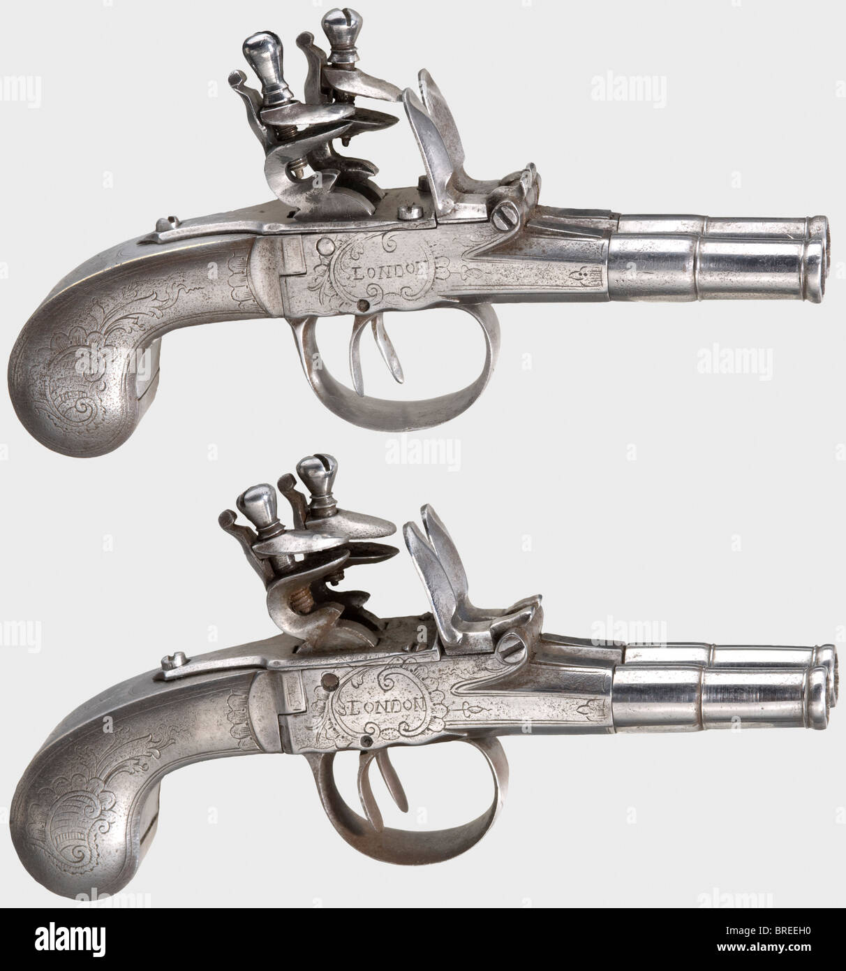 A pair of double barrelled all iron flintlock pocket pistols hires