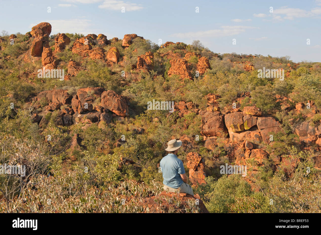 Hikers on a viewpoint of the plateau in the Waterberg National Park, Namibia, Africa Stock Photo