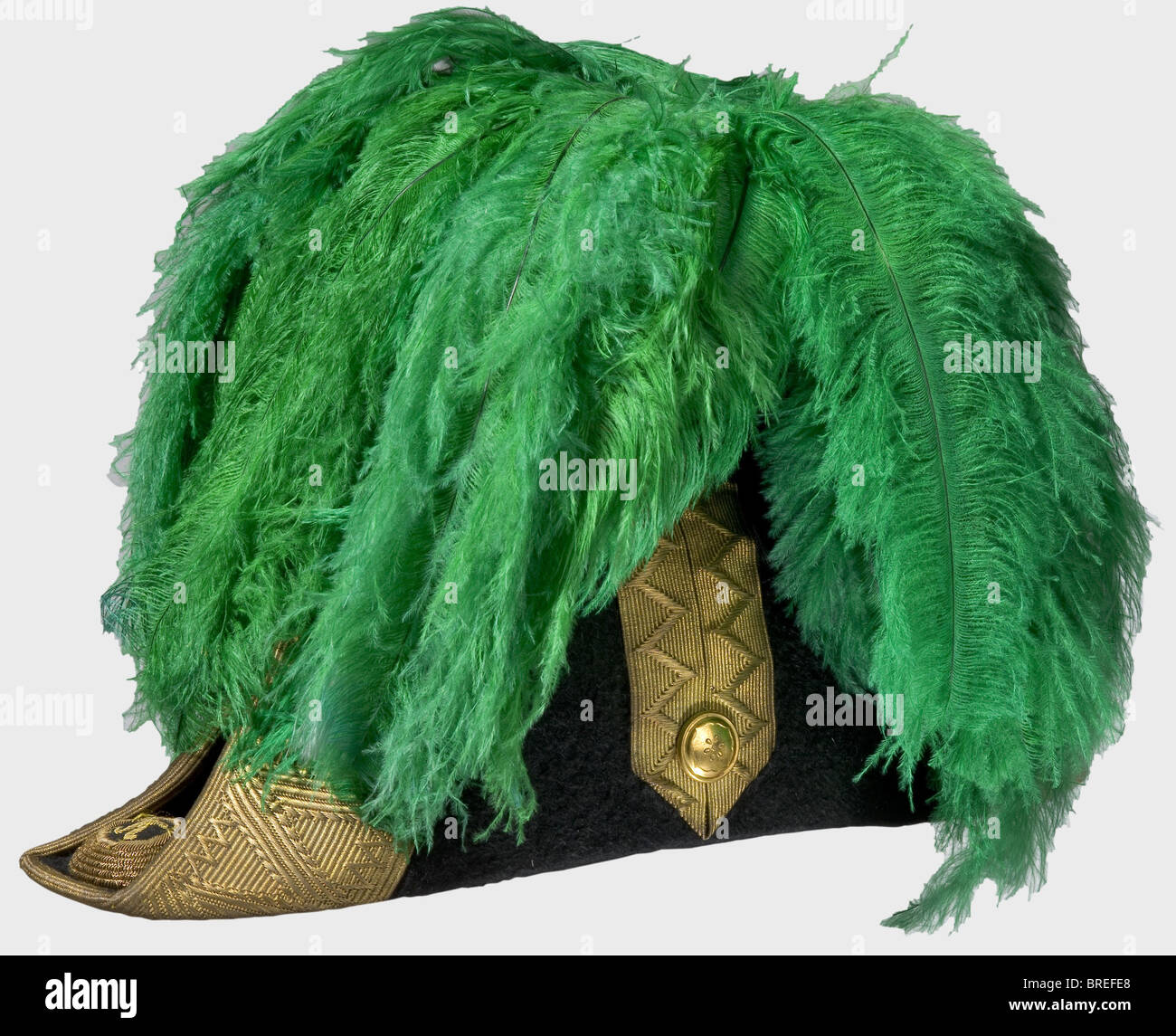 A general's hat and sash, Austria-Hungary, 1916 - 1918 Bicorn hat for a  general, black silk felt, patterned gold lace, the cipher "K" in the roses  at the points, green feather plume.