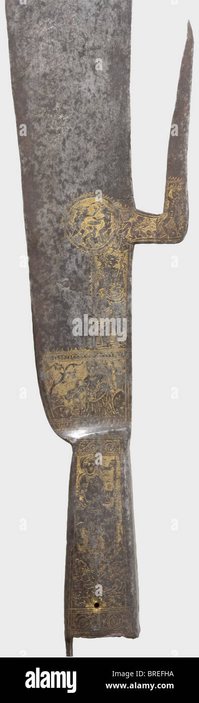 A fine Italian etched glaive, circa 1480/90 Heavy single-edged blade, double-edged towards the reinforced point of diamond section. At the back an angled grappling hook. Rectangular socket retaining one intact languet. The socket and blade base bear finely etched and gilt ornamentation, at the socket a depiction of Jesus with St. George while the blade shows depictions of various prophets beneath St. Sebastian and David(?). At the base of the grappling hook, on each side cartouches with embattled putti, the hook itself with a décor of tendrils. Length 79.5 cm. , Stock Photo