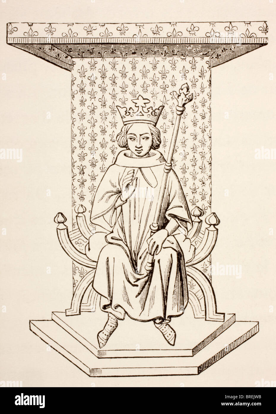 King Louis IX of France, 1214 - 1270, seated on his throne with a fleur-de-lis wall hanging behind him. Stock Photo