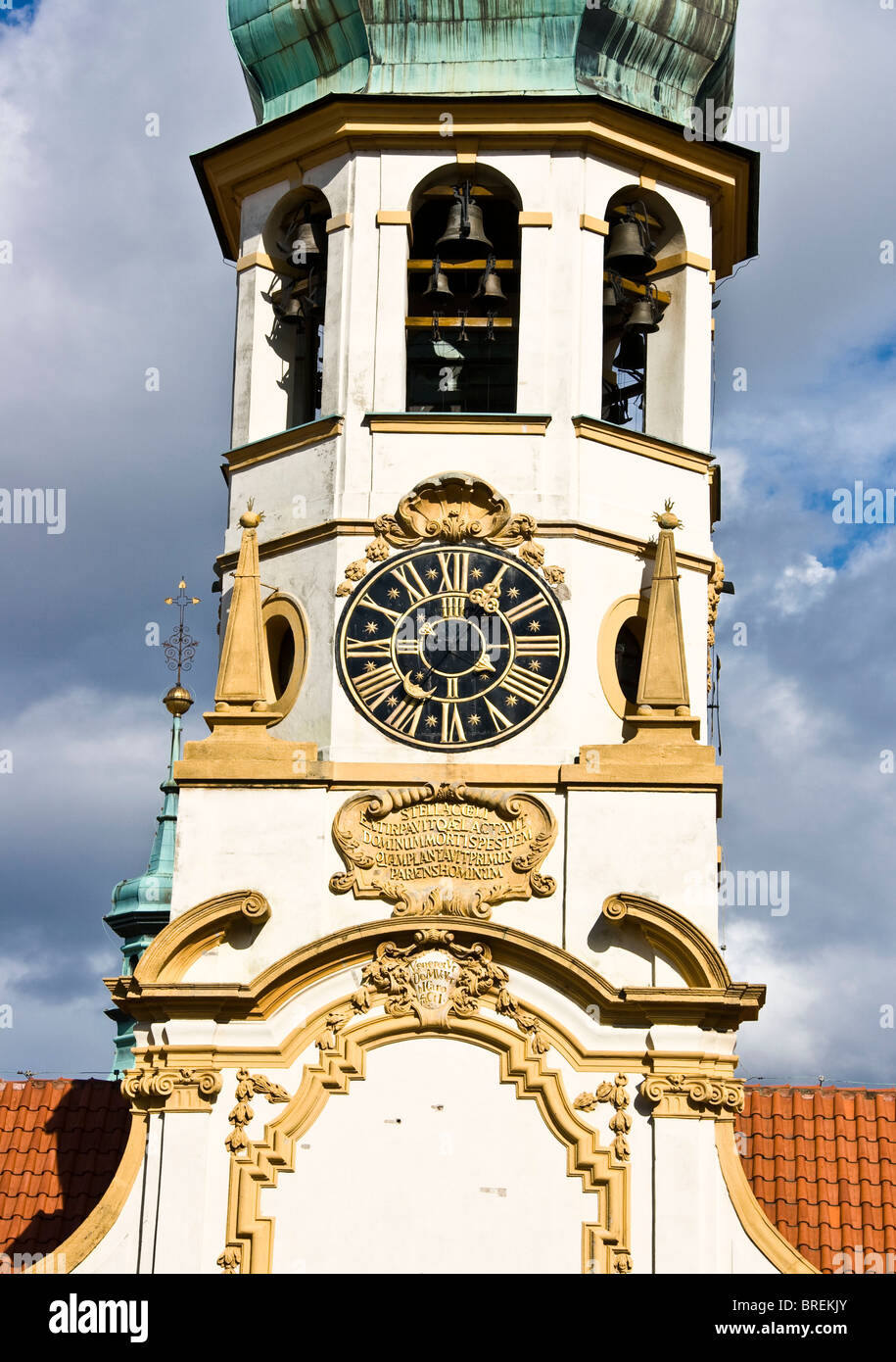 Baroque clock tower of Loreta Church Prague Czech Republic Europe Stock Photo