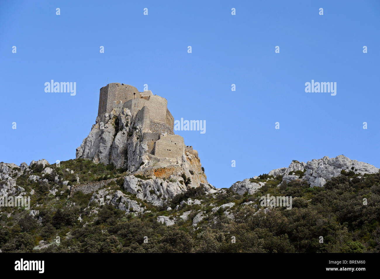 Queribus castle at Cucugnan,Cathar country,Aude,Languedoc-Roussillon, France Stock Photo