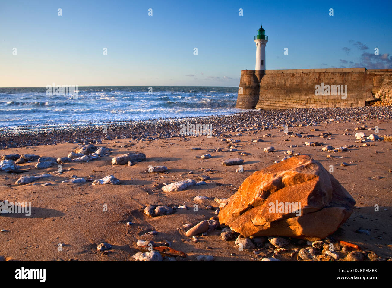 Lighthouse and beach at Saint-Valery-en-Caux, Upper Normandy, France Stock Photo