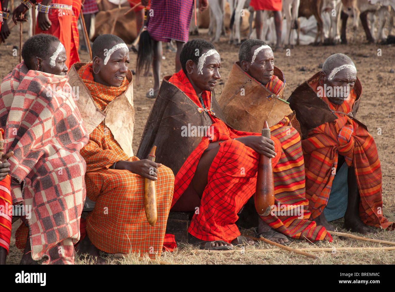 Masai village elders in traditional dress, Masai Mara, Kenya, Africa Stock Photo
