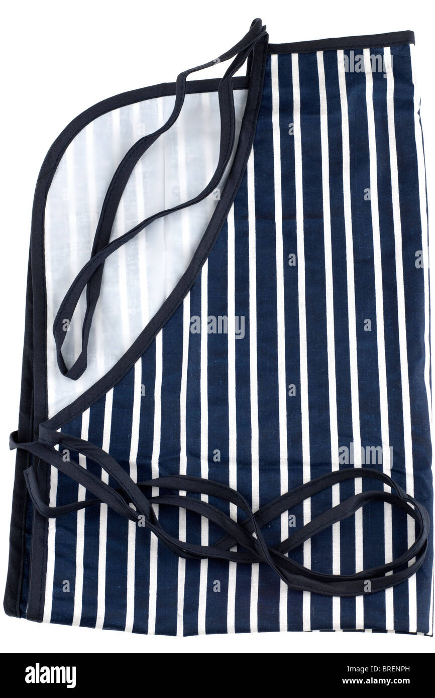 Blue and white striped 100 percent cotton folded kitchen apron Stock Photo