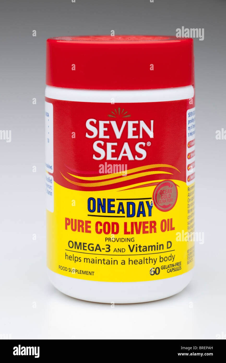 Seven Seas One A Day Pure Cod Liver Oil Capsules container Stock Photo