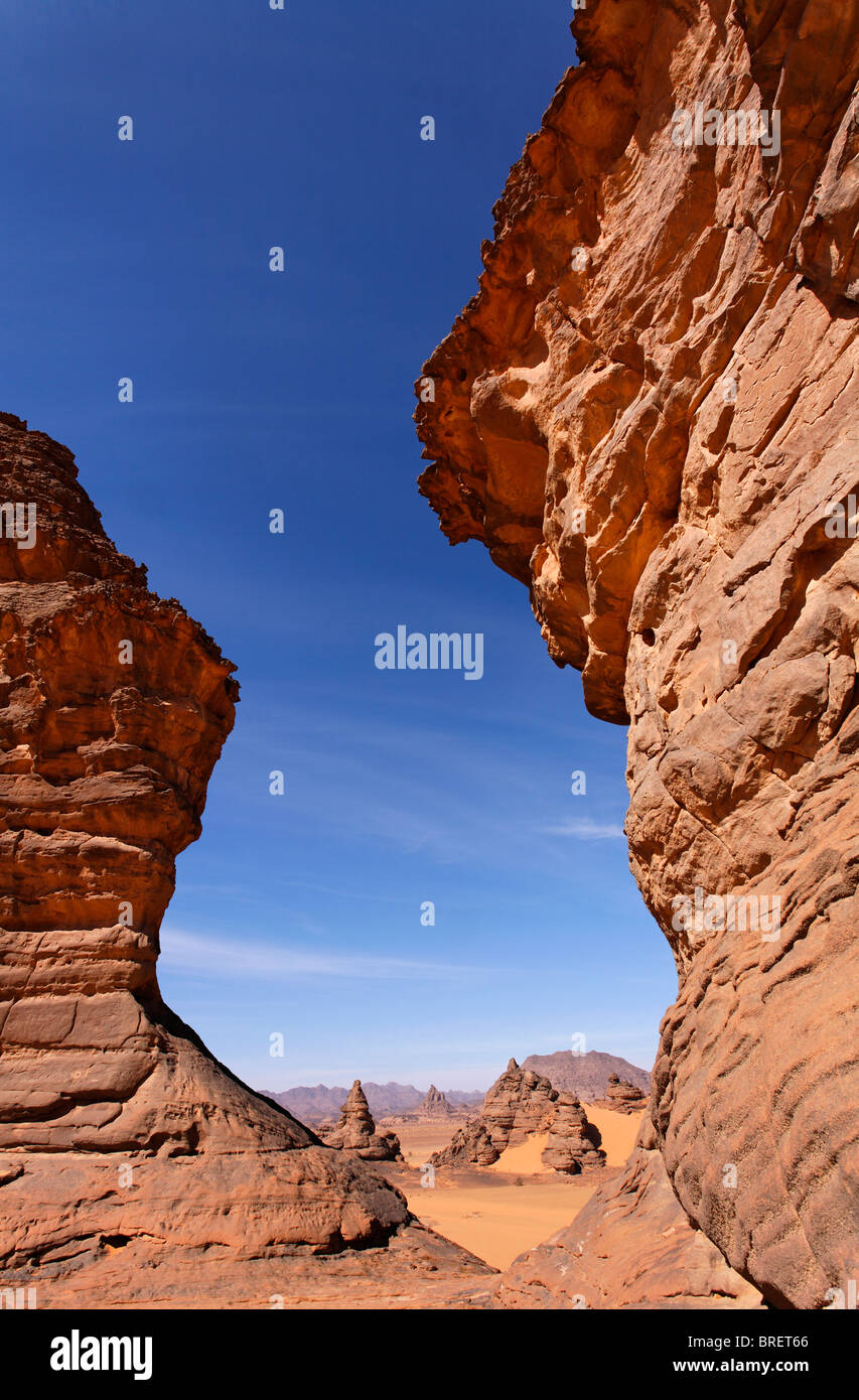 Natural rock formations in the Akakus Mountains, Sahara Desert, Libya Stock Photo