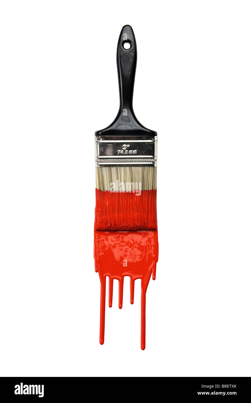 Paintbrush with dripping red paint isolated over white background Stock Photo