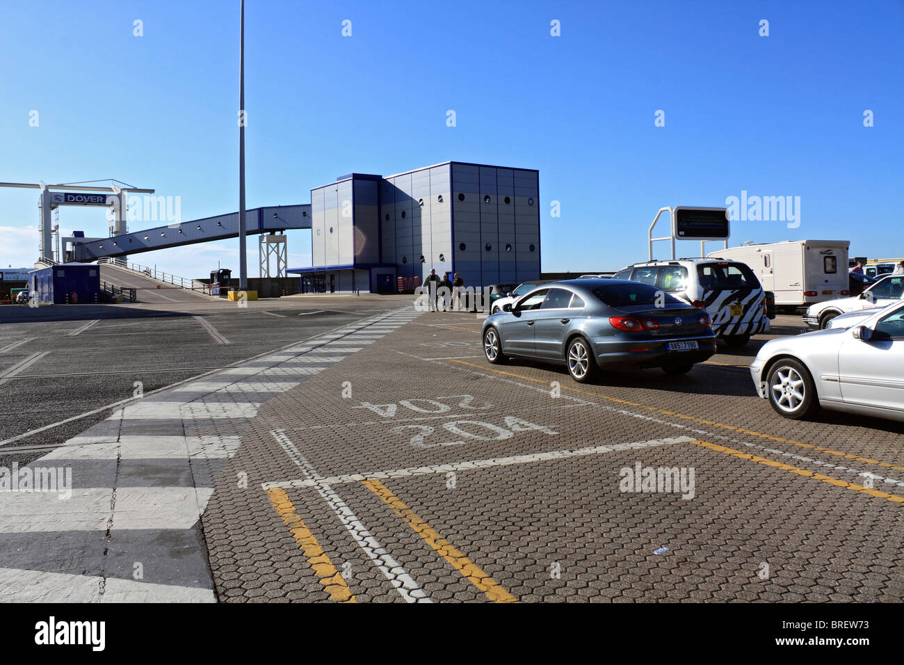 Cars waiting to board a passenger ferry at Dover ferry port to cross