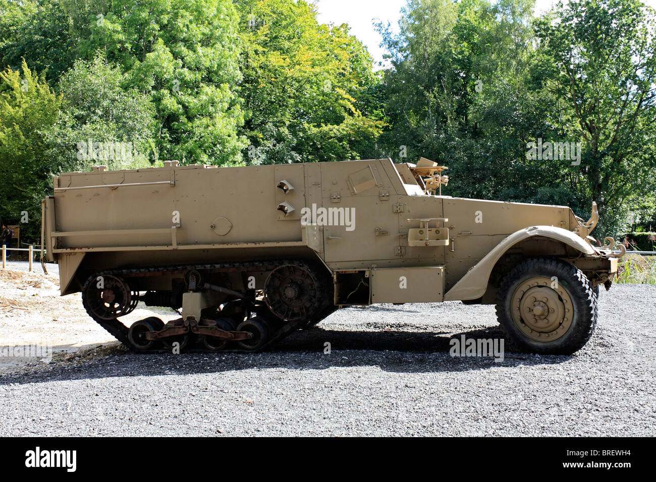 Half-track M3 Personnel Carrier at the Blockhaus at Eperlecques, Foret d’Eperlecques Nord France. Stock Photo