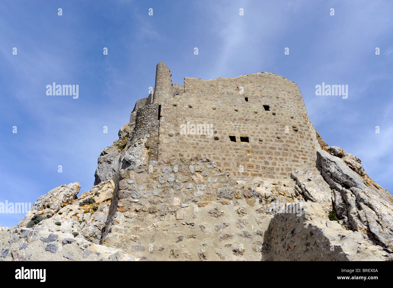 Queribus castle at Cucugnan,Cathar country,Aude,Languedoc-Roussillon, France Stock Photo