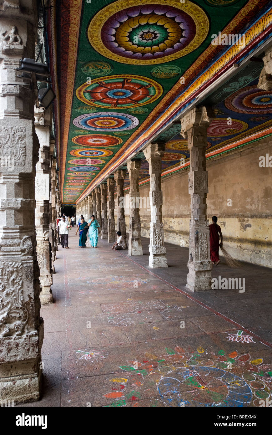 Pillared corridor around Golden lotus tank in Meenakshi temple(Hindu;Saivite), Madurai, Tamil Nadu. Stock Photo