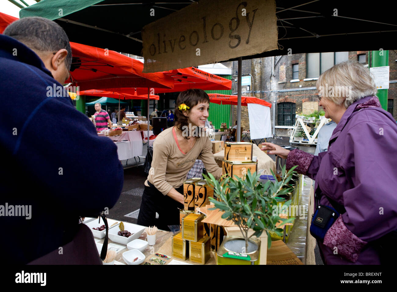 Greek olive trader at Borough Market, south London Stock Photo