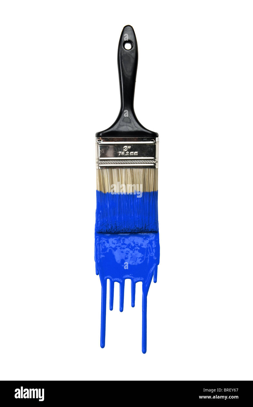Paintbrush with dripping blue paint isolated over white background Stock Photo