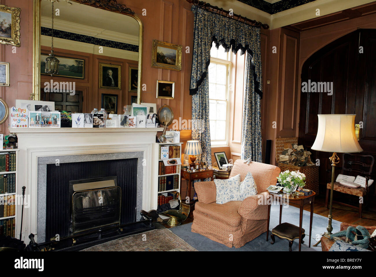 Living room with fire place, Prideaux Place Manor, Padstow, Cornwall, South England, Great Britain, Europe Stock Photo