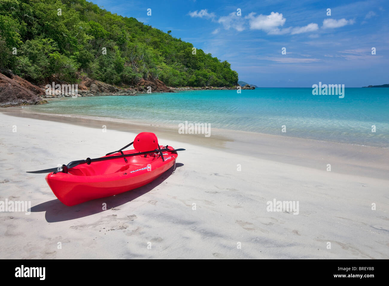 Red canoe at Megan's Bay. St. Thomas. US Virgin Islands. Stock Photo
