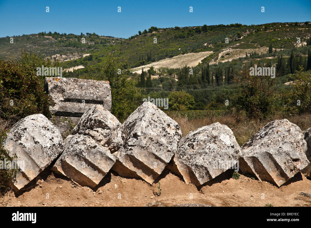 Fallen column drums, lay where they fell, from a column of the Temple of Zeus at Ancient Nemea, Korinthia, Peloponnese, Greece Stock Photo